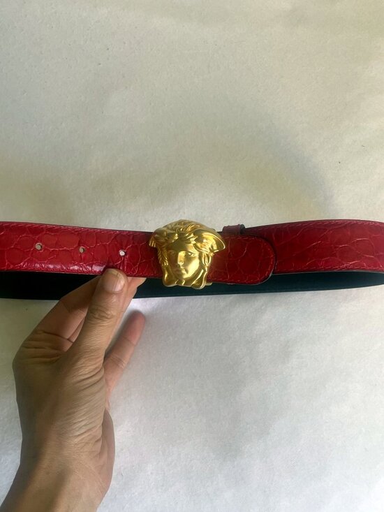 Vintage Gianni Versace Red Crocodile Leather Medusa Belt Gold Buckle Italy main image 12